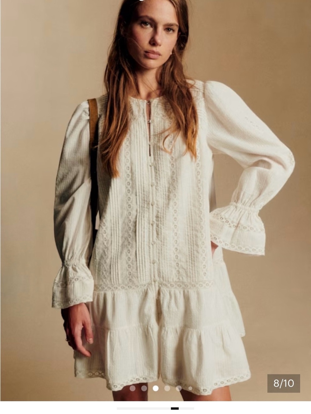 Sezane Abigail Cream Lace-Trim Tiered Long-Sleeve Mini Dress.